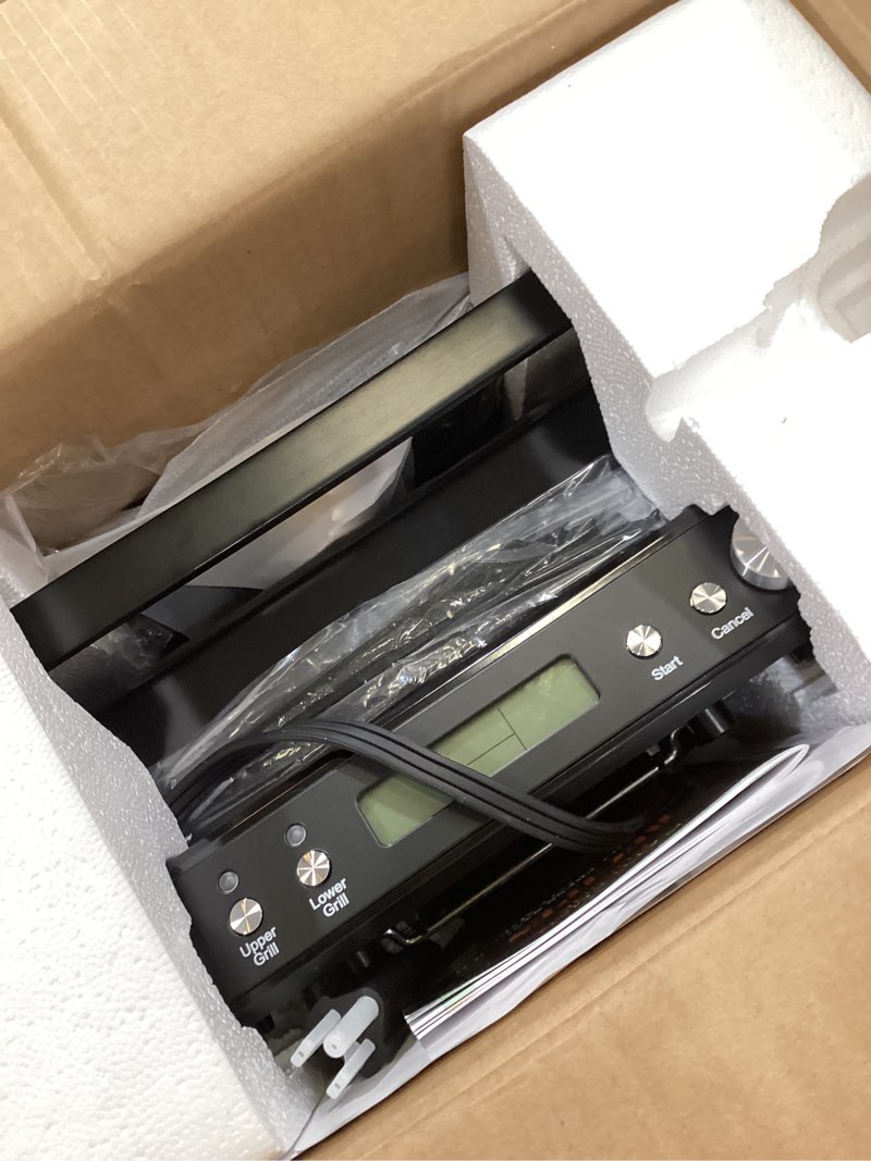 Condition photo showing Good Condition for cattleman panini grill press sandwich maker with removable plates, 1600w, 6 in 1 waffle maker & electric indoor grill with meat thermometer, pfas free ceramic nonstick reversible plates, opens flat black with waffle plates