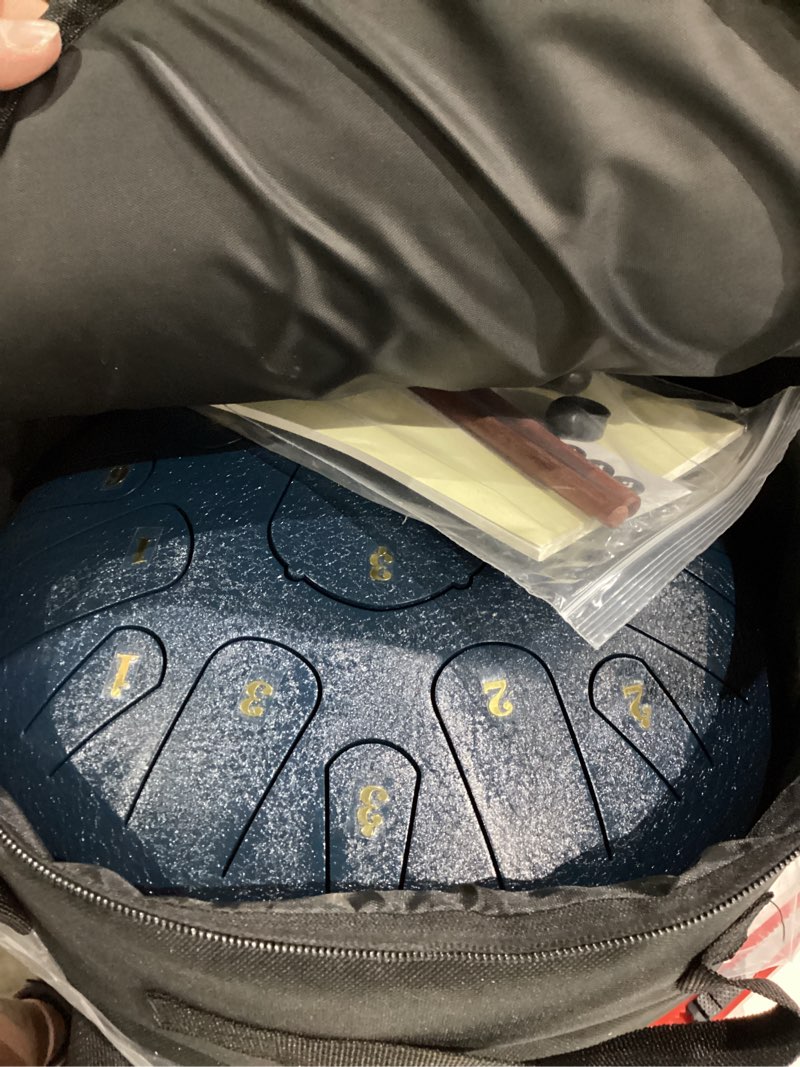 Condition photo showing Good Condition for steel tongue drum 13 notes c key, professional percussion instrument with rain drum & rain chime for sound healing, meditation, garden decor (navy blue, 12inch13notes) navy blue 12inch13notes
