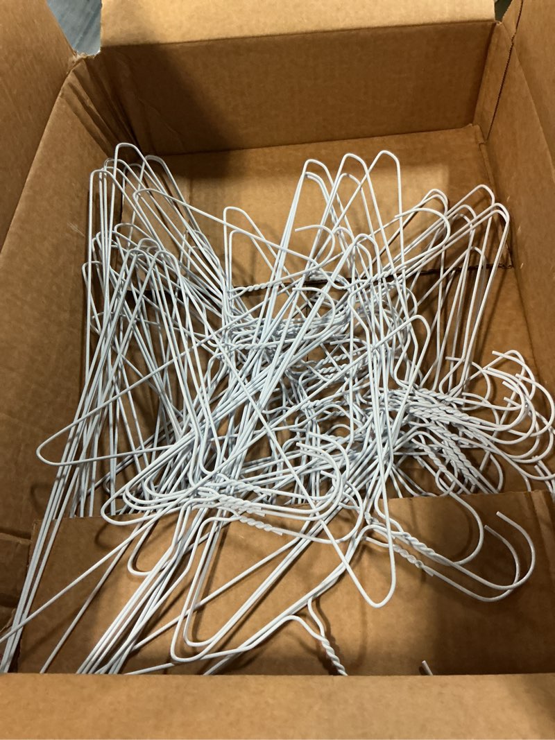 Condition photo showing As Is for specilite wire metal clothes hangers bulk 50 pack for standard size suits, coats, shirts, pants, skirts, space saving, non slip,16 inch 12 gauge ultra thin, white white 50 pack