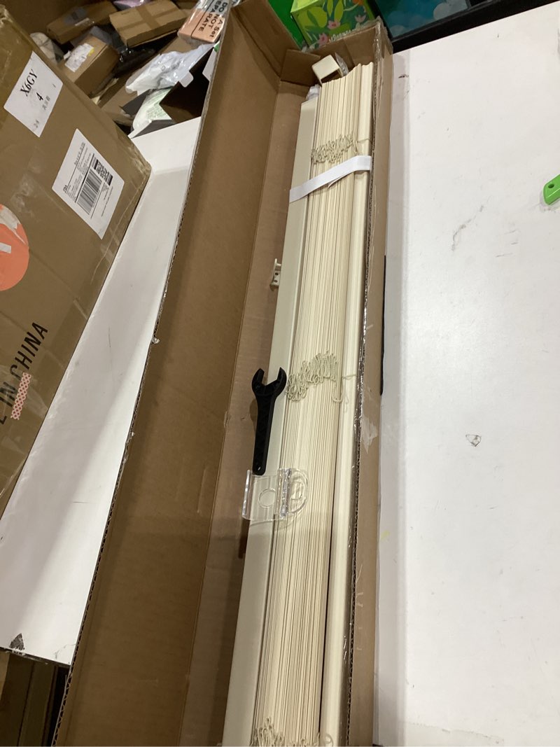 Condition photo showing Good Condition for LazBlinds No Tools No Drill Cordless 1" Vinyl Mini Blinds, 100% Privacy S-Curve Blinds for Indoor Windows, Room Darkening Horizontal Window Blinds and Shades for Home, 34" W x 64" H, Beige Beige 34" W x 64" H