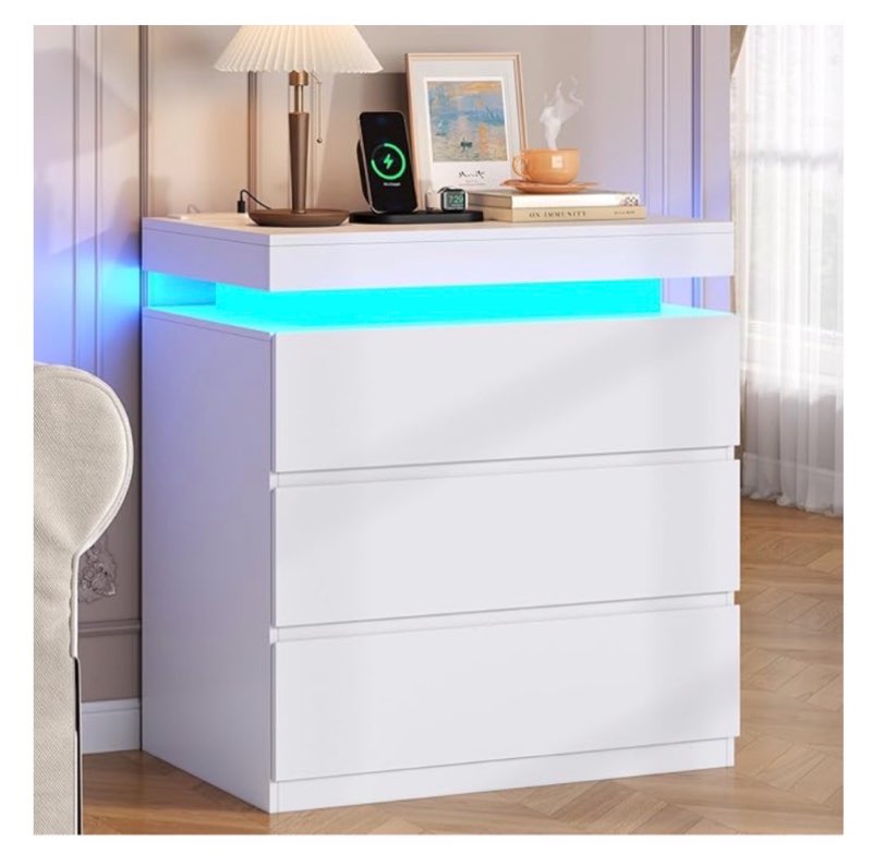 black led nightstand with charging station, side table with 3 drawers and light, end table with open storage, beside cabinet for bedroom one nightstand