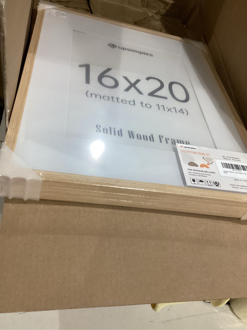Condition photo showing New/Like New for upsimples 16x20 frames set of 3, natural solid wooden picture frames, display 11x14 with mat or 16 x 20 without for vertical or horizontal wall hanging