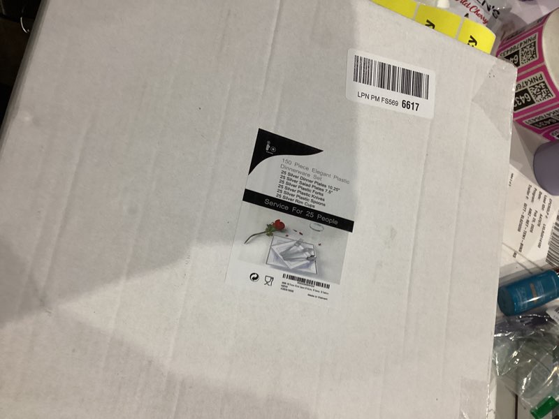 Condition photo showing New/Like New for I00000 150 Pieces Silver Square Dinnerware & Disposable Silverware & Plastic Cups - Includes: 25 Dinner Plates, 25 Dessert Plates, 25 Forks, 25 Knives, 25 Spoons, 25 Tumblers