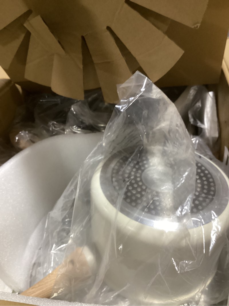 Condition photo showing Good Condition for 25pcs pots and pans set non stick ceramic cookware set, healthy non toxic kitchen cookware with mini egg pan, large capacity, induction compatible, pfas/ptfe/pfoa/pfos free, cream white
