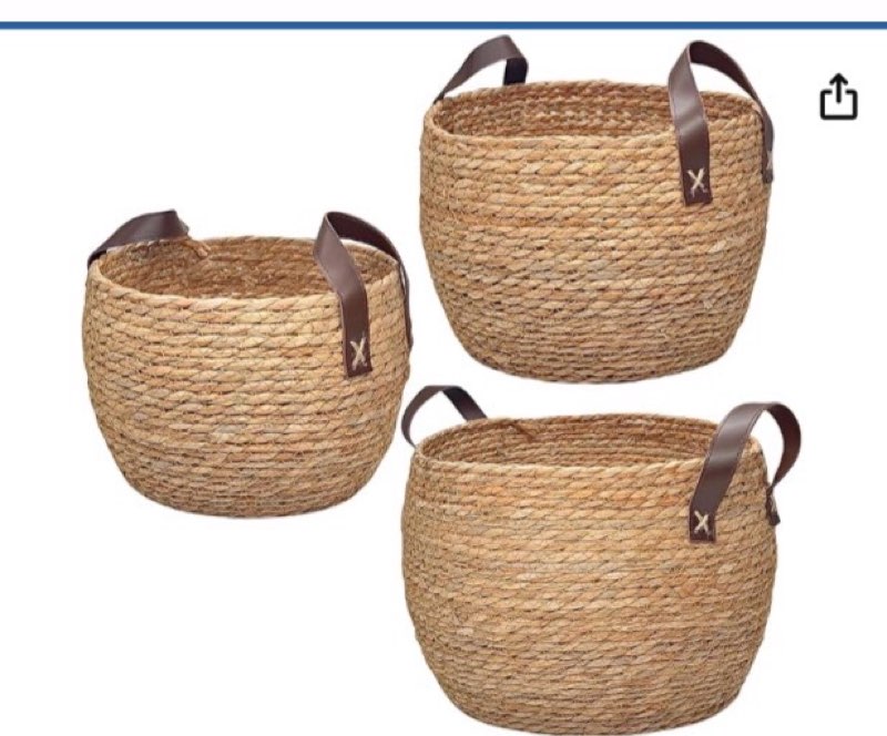 GIB - Cestas redondas de mimbre tejidas con asas de cuero, juego de 3, cestas de mimbre decorativas naturales de cuerda trenzada para estantes y mantas, organización, 13 pulgadas, 12 pulgadas y 11
