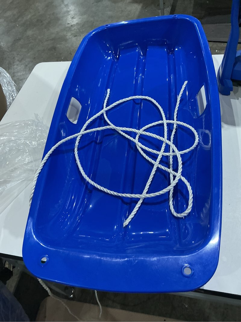 Condition photo showing Good Condition for plastic snow sleds for kids and adult, 35”snow sled sleds for snow toboggan sled for toddlers with 2 handles and pull ropes toddler sled for outdoor winter slider downhill,blue