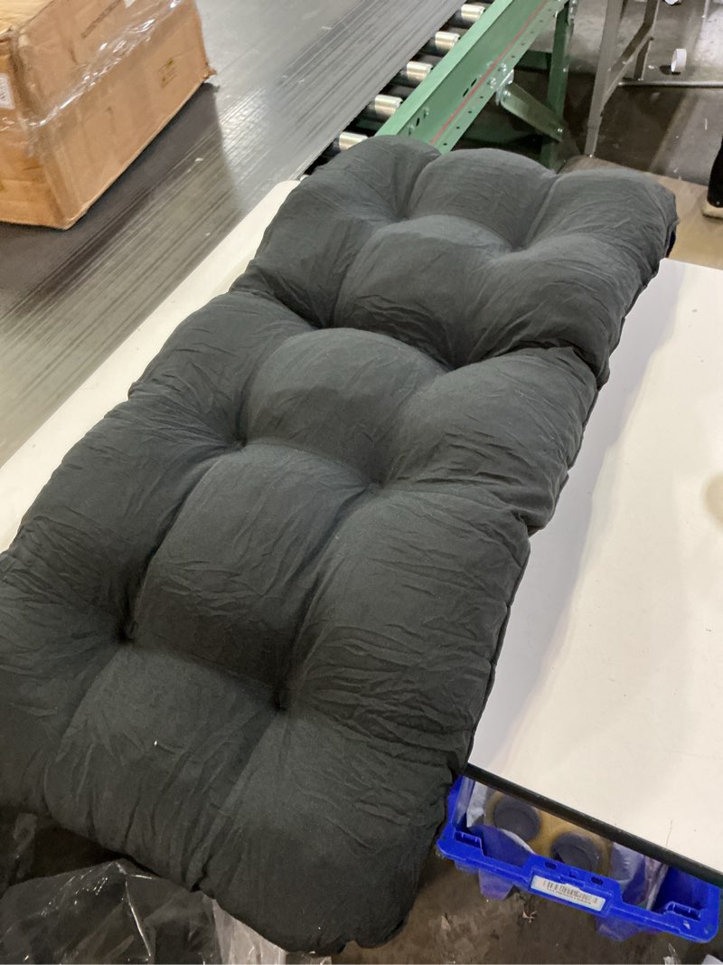 Condition photo showing As Is for Outdoor Bench Cushion, 48x18x5 Inch, Waterproof Bench Cushion for Outdoor/Indoor Furniture, Tufted Patio Bench Seat Cushion, Fade Resistant Outdoor Cushions for Porch Swing Couch, Dark Grey Dark Grey 48x18x5 Inch