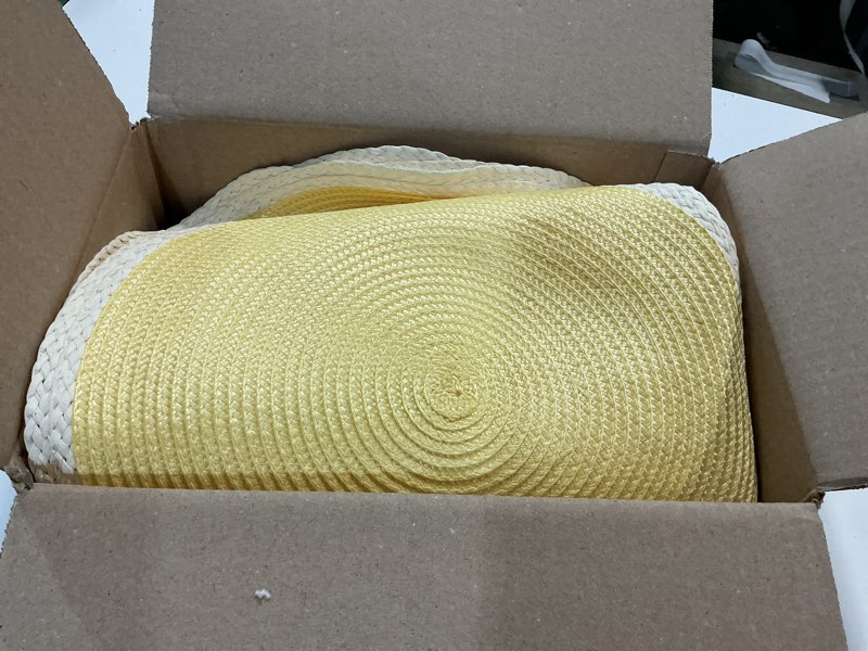 Condition photo showing Good Condition for noctiflorous braided round placemats set of 8, 15 inch woven table mats, non-slip washable place mats for kitchen dining table decor (mint yellow, 8) 03 light yellow set of 8