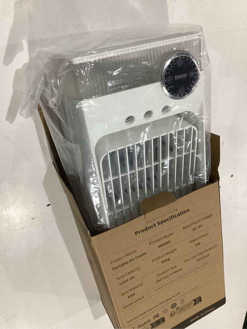 Condition photo showing New/Like New for portable air conditioners, mini portable ac unit for bedroom, 1200ml small cooling fan with remote, 3 mist, 3 speed, 8 light, 2-8h timer personal cooler fans for office camping car desk(pure white)