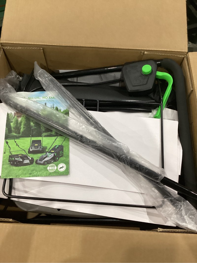 Condition photo showing Good Condition for tiectown 14-inch 13.5 amp 2-in-1 electric dethatcher and scarifier with 11.5-gallon collection bag, lawn dethatcher with 5-position depth adjustment, blade replacement without tool - green