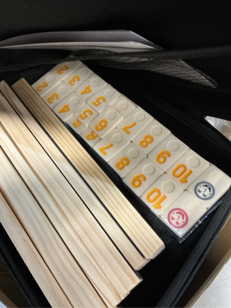 Condition photo showing Good Condition for rummy cube 6 player edition with 6 wooden racks/trays, 160 large numbers rummy tiles set with zippered case, rummy travel game set with 6 tiles holders - classic board games for family adults kids 6 players