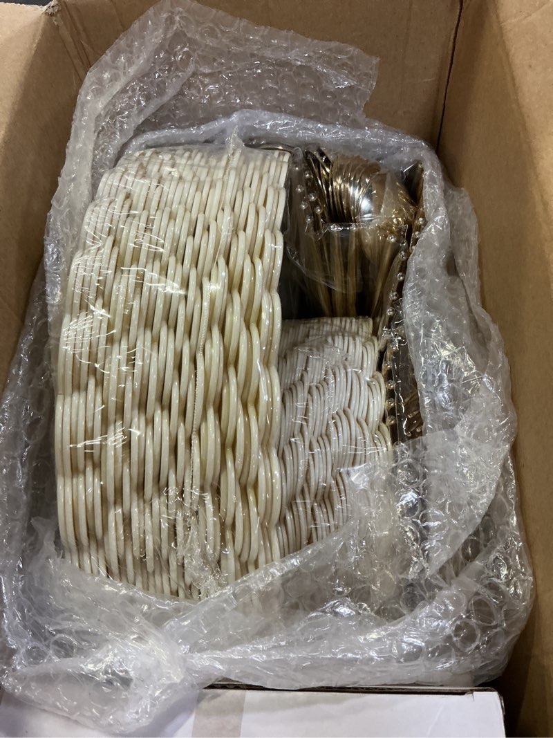 Condition photo showing As Is for liyh 210 pcs ivory plastic plates scalloped plastic plates disposable dinnerware set cream gold scalloped plate include plate gold silverware napkins cup for birthday valentine's day 30 guests beige with gold