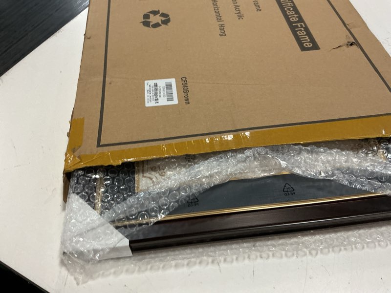 Condition photo showing Good Condition for framepro 11x14 diploma frame with black over gold mat, 14x17 certificate frame, real wood with gold trim, brown frame with arcylic 11x14 with black over gold mat brown
