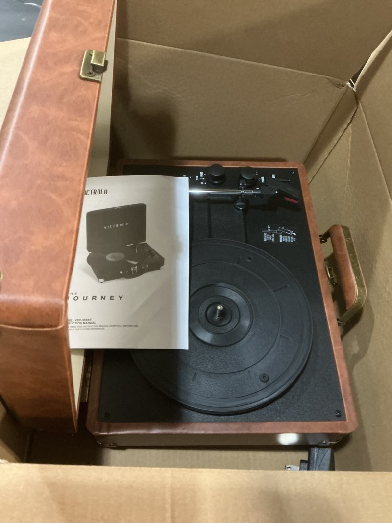 Condition photo showing Good Condition for Victrola Journey Bluetooth Portable Suitcase Record Player – with Built-in Speakers, 3 Speed Vinyl Record Player, RCA Out, Headphone Jack (Brown)