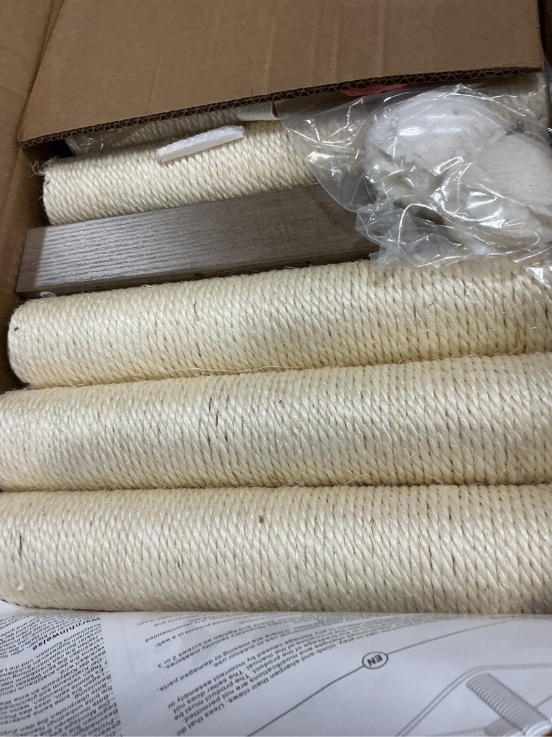 Condition photo showing Good Condition for fourfurpets 26.7in large cat tree tower condo, cat scratch posts for indoor cats, big plate, three 23.6in full sisal scratching posts, greige 22"l x 15.7"w x 26.7"h greige