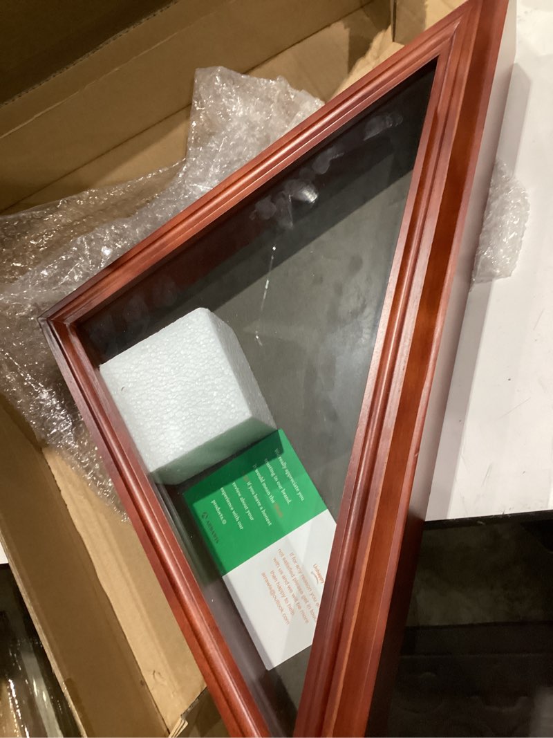 Condition photo showing Good Condition for wooden flag box display case for small 3'x5' folded american flag (not fit 9.5'x5' burial flag), military veteran flag shadow box with hd tempered glass, wall mounted triangle flag frame, brown finish