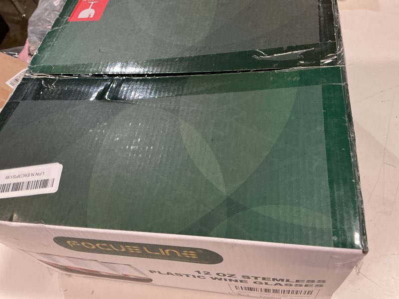Condition photo showing New/Like New for focusline 32 pack 12 oz plastic wine glasses, stemless disposable wine cups, gold rim unbreakable wine glasses, reusable shatterproof recyclable and bpa-free plastic wine cups 12oz-32-gold rim