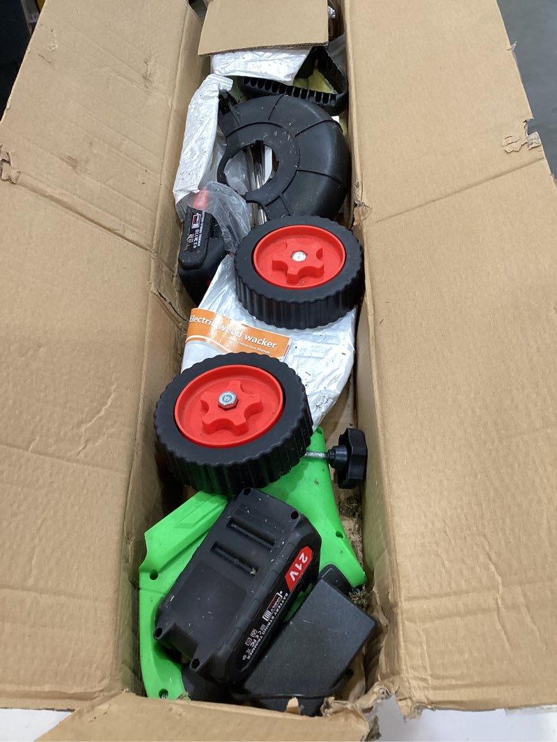 Condition photo showing As Is for cordless weed wacker with 2 batteries, lightweight 21v weed trimmer with wheels, electric grass trimmer, adjustable shaft lawn tool for small yard tight spaces 2x2.0 wheeled lawn mower kit