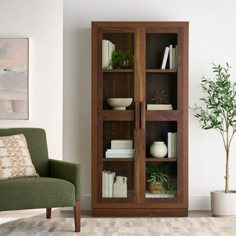 better homes & gardens ezra glass door storage accent cabinet, warm walnut finish
