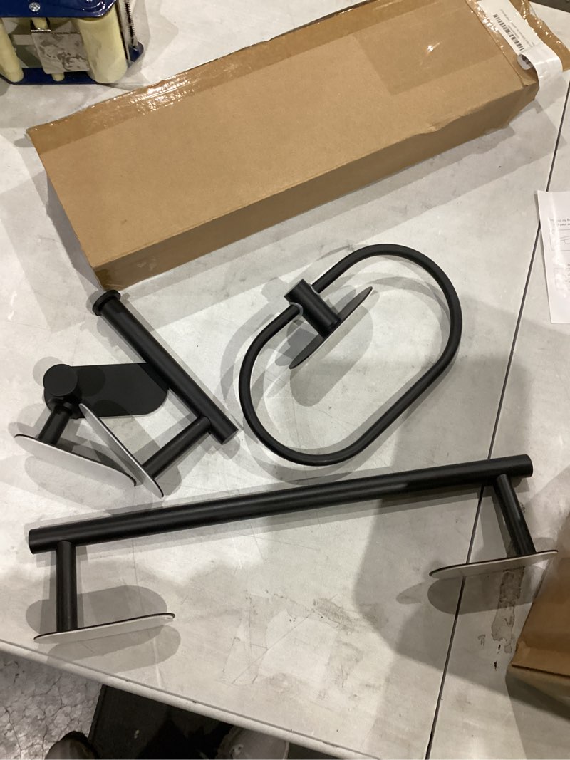 Condition photo showing Good Condition for similar not exact      towel bar, 5-piece matte black bathroom accessories, sus304 stainless steel towel ring holder, toilet paper holder with 2 hooks, wall mounted modern bathroom hardware se