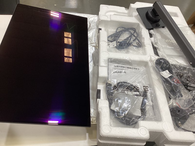Condition photo showing As Is for gigabyte - mo27q28gr - 27" w-oled gaming monitor - qhd 2560x1440-280hz - 0.03ms gtg - amd freesync premium pro, g-sync compatible - type-c kvm - hdmi, dp, type-c - height and tilt adjustable - black w-oled panel 280hz 27" qhd