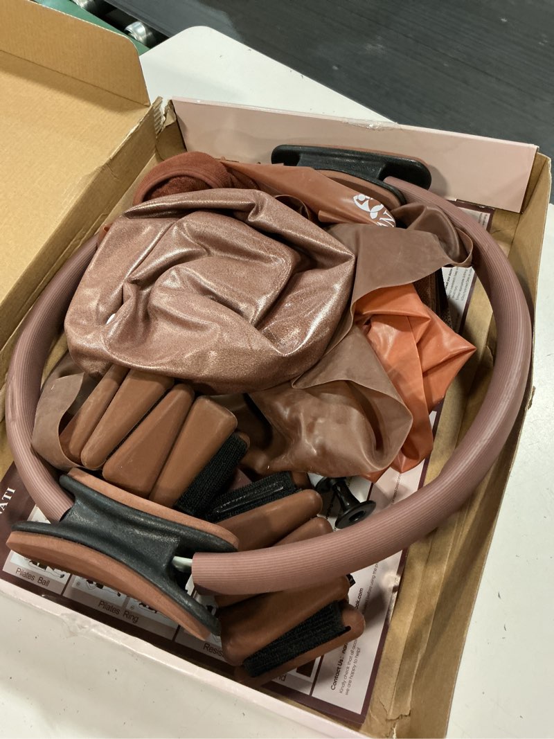 Condition photo showing Good Condition for pilates kit, home pilates workout kit for women, pilates equipment with 14.5" pilates ring and ball, resistance bands, ankle weights, sliders & grip socks accessories for starter home workouts brown