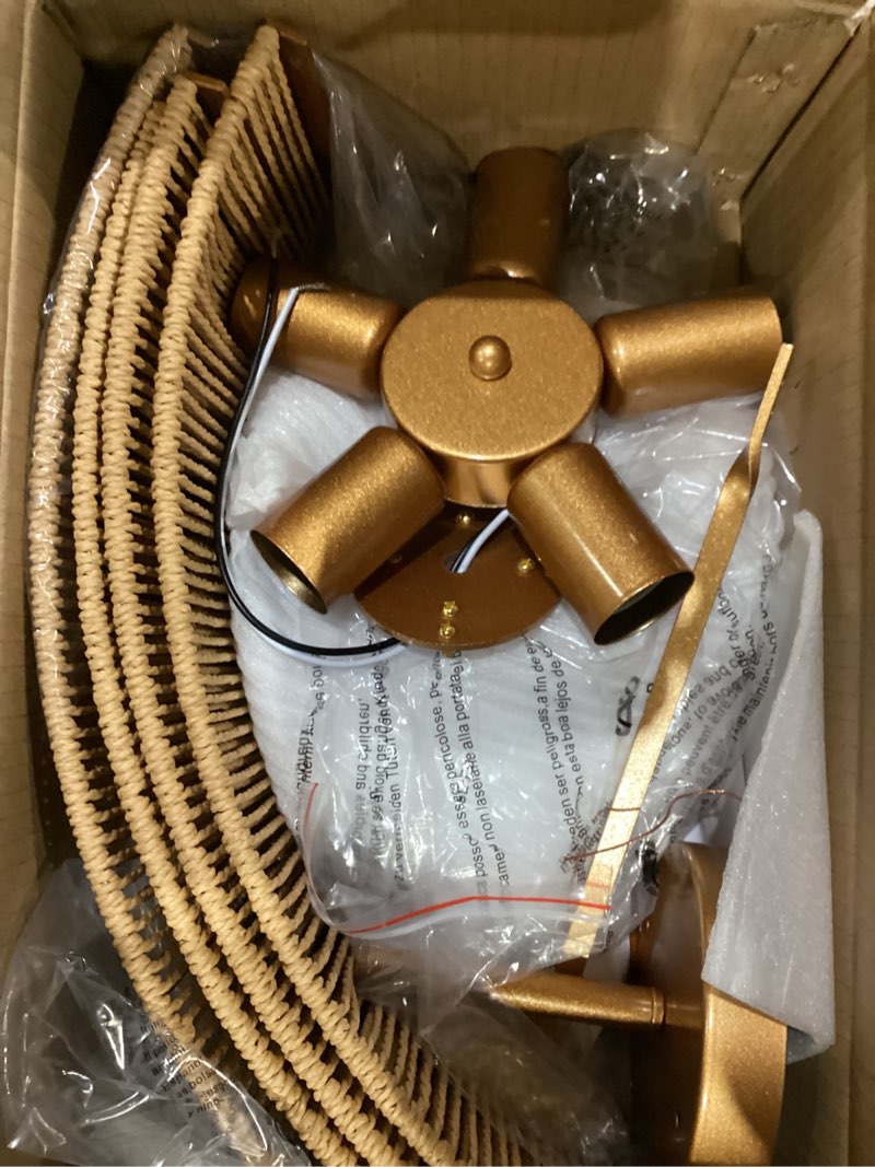 Condition photo showing As Is for 24-Inch Rattan Light Fixture, 6000LM Boho Light Fixture, Corrosion & Rust-Proof Rattan & Boho Ceiling Light for Living Room, Bedroom, Dining Room, Nursery & Entryway, E26 Bulb (Not Included)