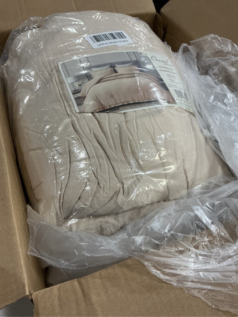 Condition photo showing Good Condition for chezmoi collection nora light sand comforter set ovesized king 3-piece fluffy soft stone-washed ruffled shabby chic bedding for all season light sand, ruffled edge oversized king