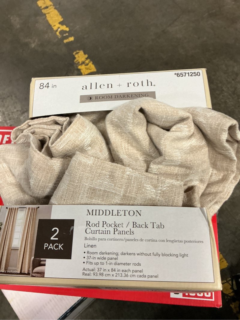 Condition photo showing As Is for allen + roth 84-in linen trellis room darkening interlined back tab curtain panel pair