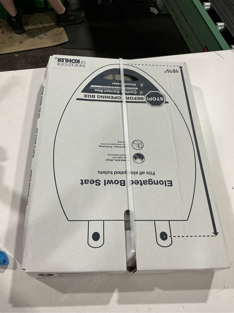 Condition photo showing New/Like New for kohler k-27331-0 glissade readylatch quiet close elongated toilet seat, white, grip-tight hardware, quiet close lid prevents slamming white elongated