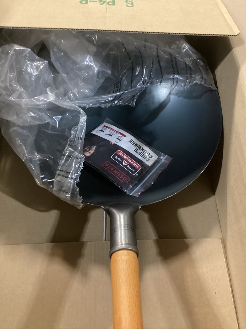 Condition photo showing Good Condition for yosukata 14" carbon steel wok with round bottom – pre-seasoned pow wok for stir fry – traditional chinese japanese black steel pan – outdoor cookware for gas stovetops, open fire, bbq, camping