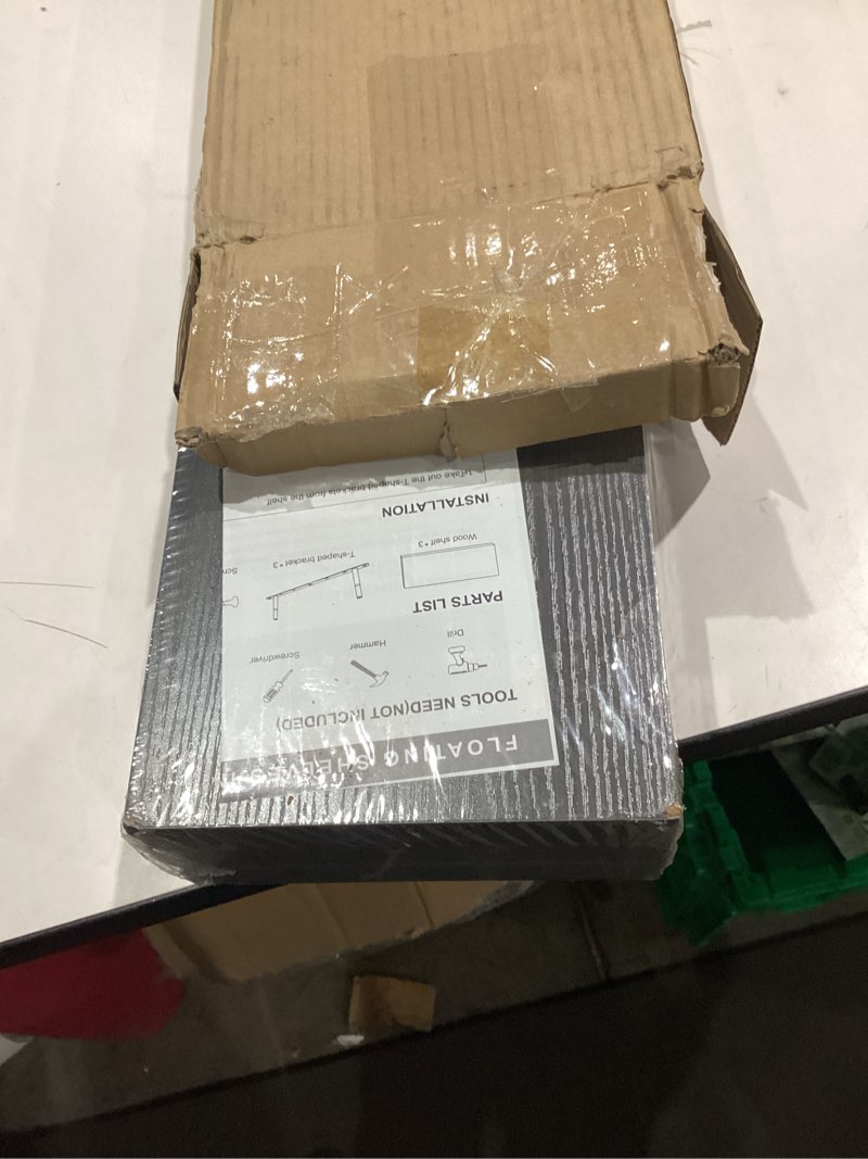 Condition photo showing As Is for BAYKA Grey Floating Shelves for Wall, 22.5 inches Wall Mounted Rustic Wood Shelves for Bathroom, Bedroom, Living Room, Floating Shelves for Books/Storage/Decor (Set of 3) E. Grey - Industrial Edge Style 22.5inches