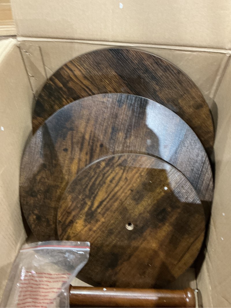 Condition photo showing As Is for 16" round side tables set of 2, solid wood pillar with wood top & base, small drink accent table for living room, bedroom, sofa & office, easy assembly, rustic brown rustic brown 2