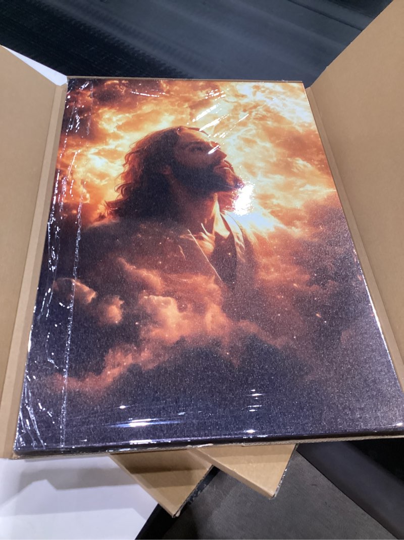 Condition photo showing As Is for Framed Jesus Canvas Wall Art Jesus Lamb Walking on the Beach Wall Decor Gallery Decoration Unique Print Living Room Bedroom Church Christian Decor 12x16 Inch Ready to Hang Beach Jesus 12\"L x 16\"W, SIMILAR TO STOCK PHOTOS