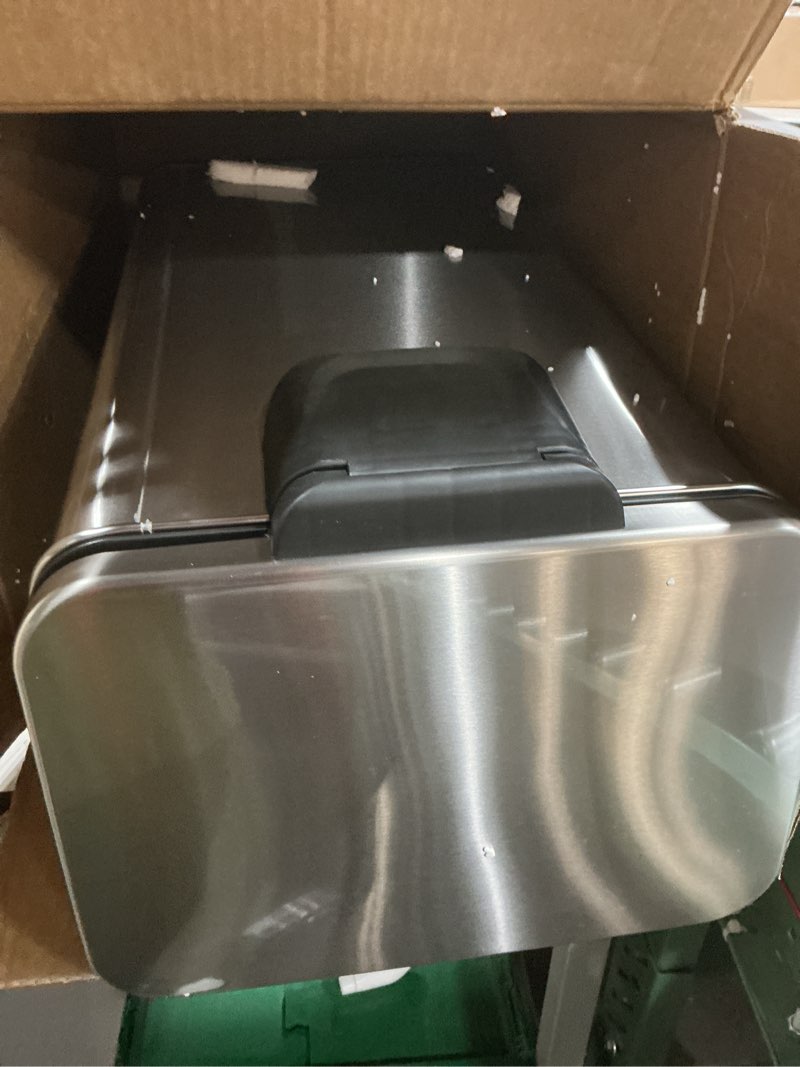 Condition photo showing As Is for songmics kitchen trash can, 10.5 gallon (40 l) garbage can, large step trash bin with lid, stainless steel, soft close, 15 trash bags included, silver ultb540e40