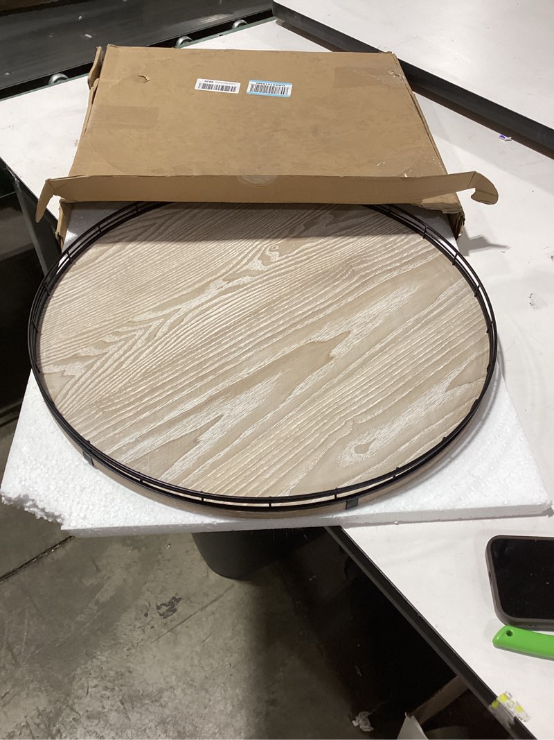 Condition photo showing Good Condition for 21" Lazy Susan Wood Turntable Organizer for Kitchen Decor, Farmhouse Round Wooden Lazy Susan Organization and Storage for Cabinet, Dining Table, Bathroom, Countertop,Centerpiece, Home Decor Whitewased White 21 inches