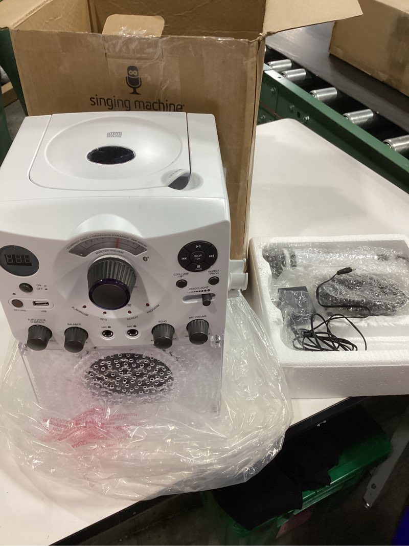 Condition photo showing Good Condition for Singing Machine Portable Karaoke Machine for Adults & Kids with Wired Microphone, White - Built-In Speaker, Bluetooth with LED Disco Lights - Karaoke System with CD+G Player & USB Connectivity White Home Karaoke