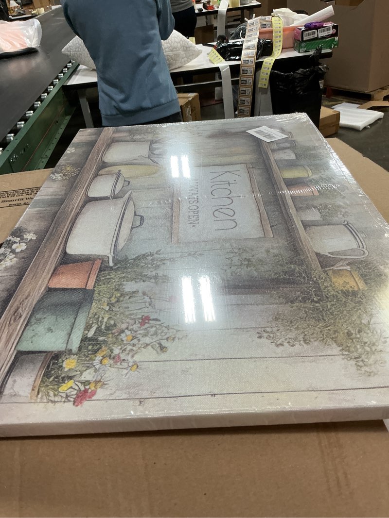 Condition photo showing New/Like New for QQL Rustic Kitchen Canvas Wall Art Farmhouse Pots Pans Kitchen Always Open Wall Decor Picture Country Still Life Floral Painting for Dining Room Home Decoration Ready to Hang canvas 24"L x 16"W