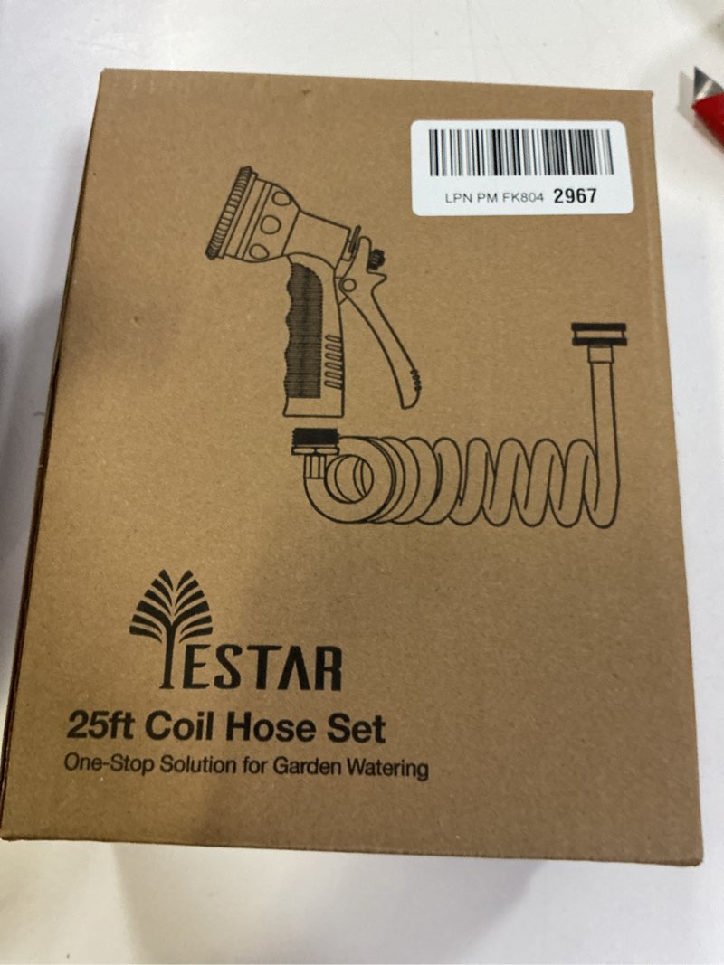Condition photo showing New/Like New for Coil Hose 25FT EVA Coil Garden Hose With 3/4'' Brass Connector Coiled Water Hose Lightweight And No Kink Includes 7 Patterns Spray Nozzle For Outdoors Lawn Watering Car Washing Gray 25ft