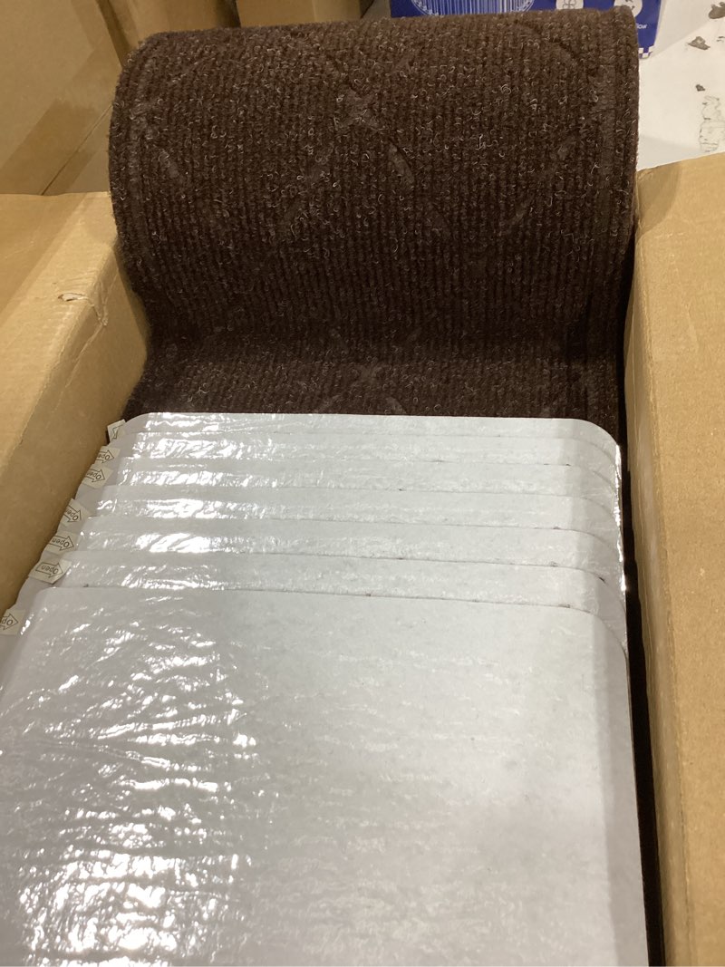 Condition photo showing Good Condition for stair treads non slip for wooden steps indoor, 7 pack 8" x 30" carpet runners for wood stairs with self-adhesive backing, stickiness stair rugs for kids elders and dogs, square brown 8" x 30" brown white 7