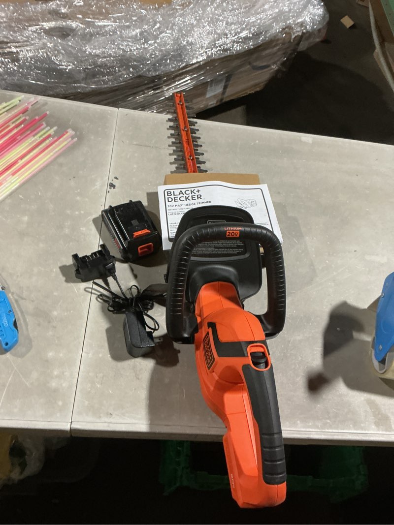 Condition photo showing As Is for black+decker 20v max cordless hedge trimmer, battery and charger included, 22 inch steel blade lightweight bush trimmer, soft grip, less vibration (lht2220)