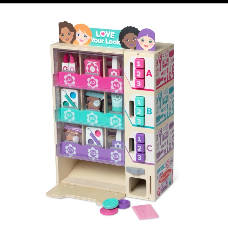 melissa & doug sort, stock, select beauty kiosk vending machine play set, pretend makeup wooden toy for boys and for girls