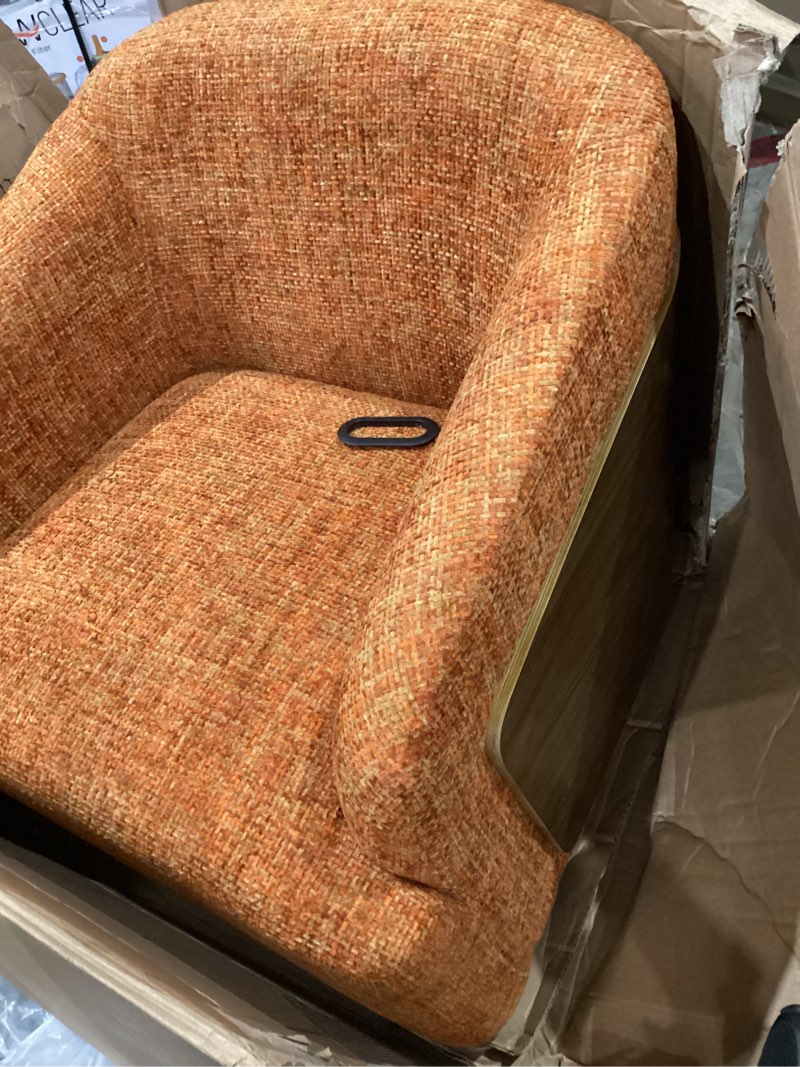 Condition photo showing As Is for sherpa boucle barrel chairs, oversized comfy accent chair with pillow, cozy cloud upholstered armchairs for reading, nursery, vanity, living room, bedroom, apartment