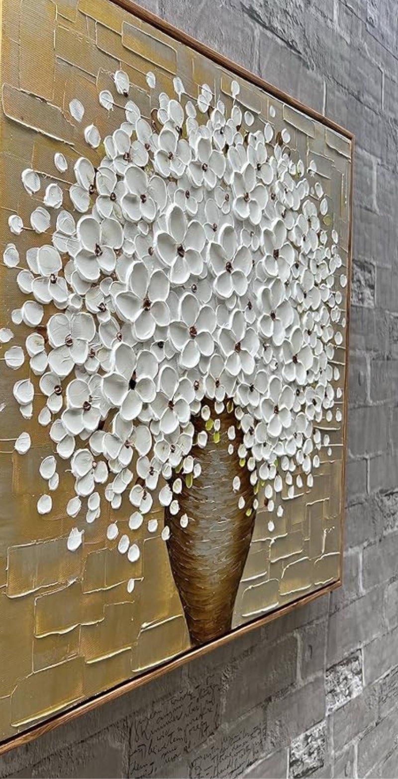 epicler art hand-painted abstract white flower art oil painting, 24”x24” inch canvas wall art painting office home wall decorative art