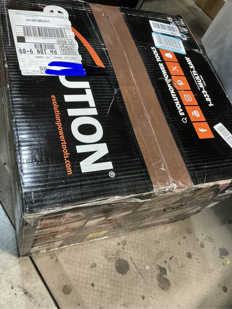 Condition photo showing As Is for Evolution Power Tools R185SMS+ Sliding Miter Saw with Multi-Material Cutting, 45 Degree Bevel, 50 Degree Miter, 210 mm Slide, Blade Included Cuts Wood Plastic Metal & More, 7-1/4" Corded Miter Saw