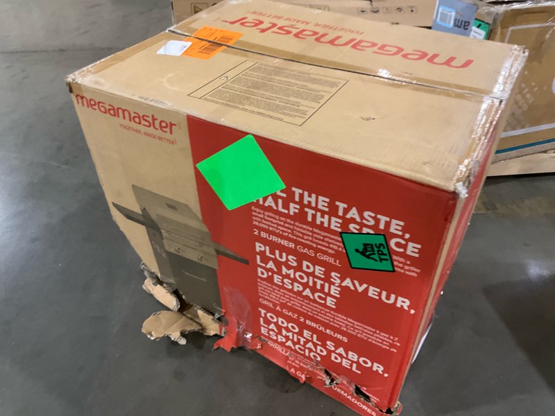 Condition photo showing As Is for megamaster deluxe 2-burner gas grill with foldable side tables, 418 sq in cooking space, 28000 btus, stainless steel lid, propane bbq grill for outdoor cooking, patios, backyards and more - 720-0864ma