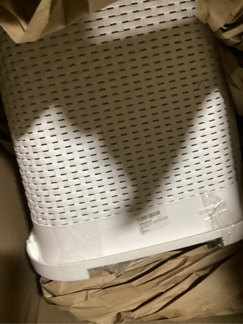 Condition photo showing Good Condition for Mind Reader Slim Laundry Hamper with Lid, 50L Clothes Basket, Premium Wicker Design, Plastic, White