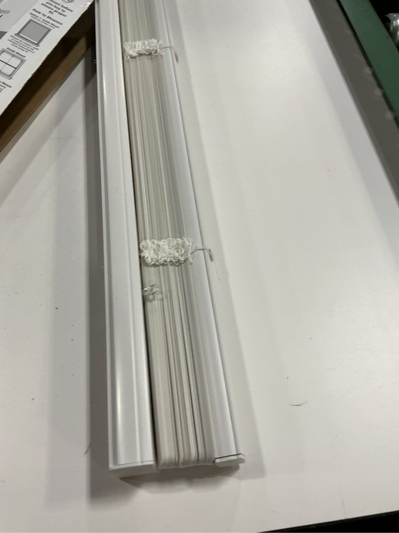 Condition photo showing As Is for mainstays 1  cordless vinyl light filtering mini blinds  1-piece  white  33  w x 64  l