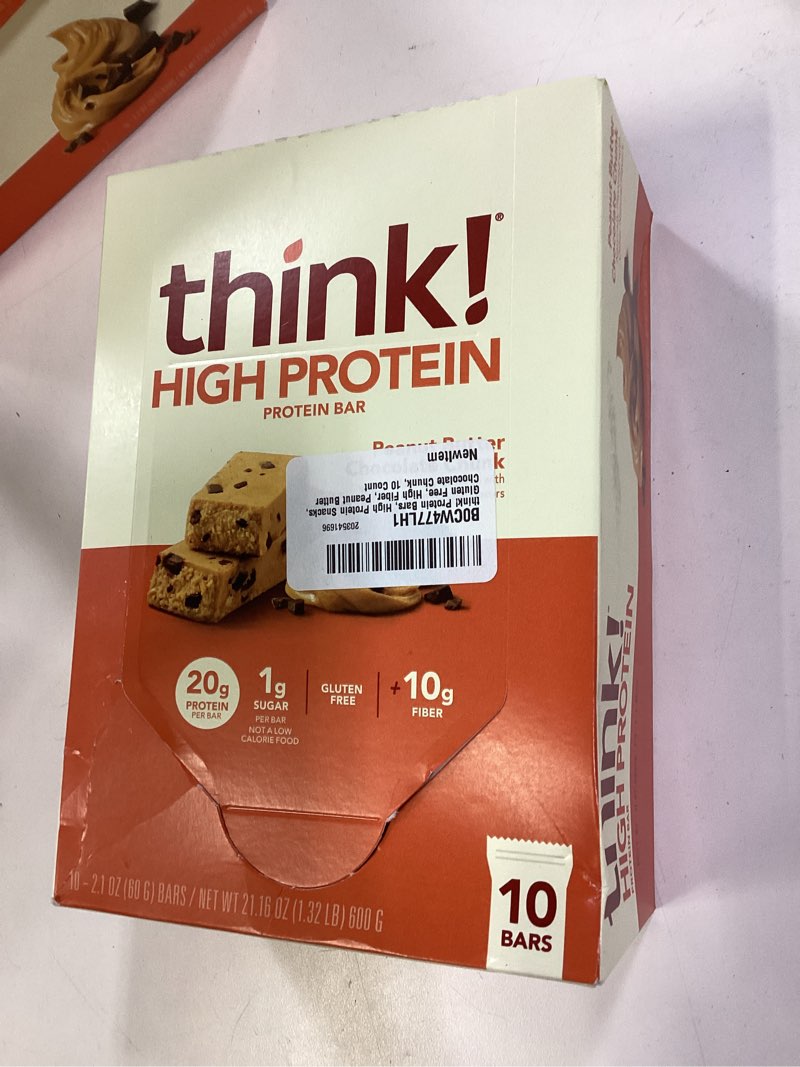 Condition photo showing New/Like New for think! Protein Bars, High Protein Snacks, Gluten Free, High Fiber, Peanut Butter Chocolate Chunk, 10 Count Peanut Butter Chocolate Chunk 10 Count (Pack of 1)