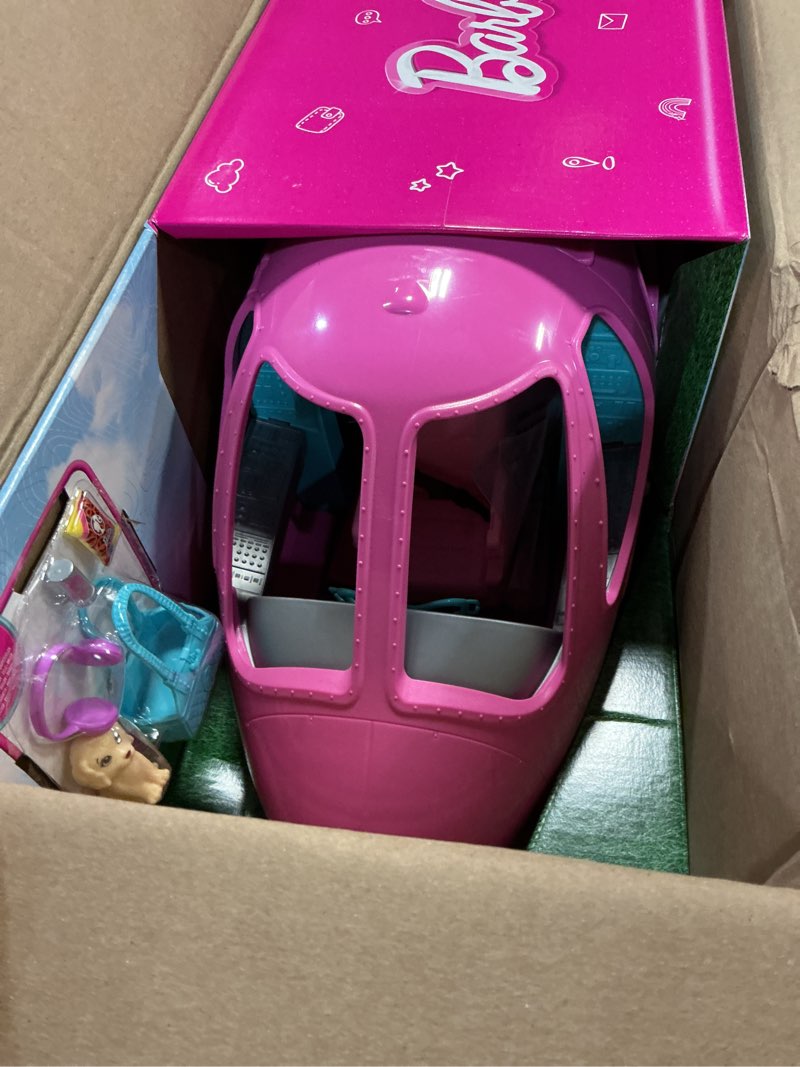 Condition photo showing New/Like New for barbie dreamplane transforming playset with reclining seats and working overhead compartments, plus 15+ pieces including a puppy and a snack cart, for kids 3 years old and up (amazon exclusive)